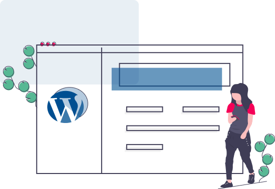 Group 577(2) Illustration einer Web-Userin mt Smartphone und Worpress Logo im Hintergrund