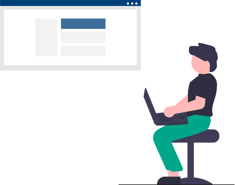 Schematische Darstellung von Person am Laptop mit Darstellung einer Webseite im Hintergrund